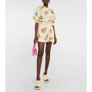 Alemais 100% Linen Cream Floral High Waisted Shorts Size US 6 AU 10